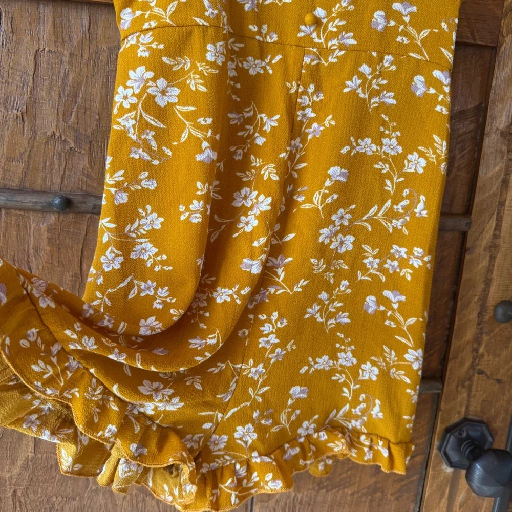 Cider Mustard Yellow Floral Romper V-Neck Smocked Back Ruffle Hem Buttons Small